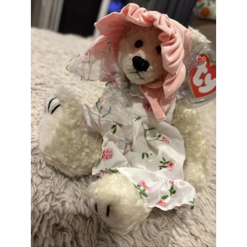 Ty Attic Treasures Plush Bear Small Cream New Floral Dress Bonnet Collectible